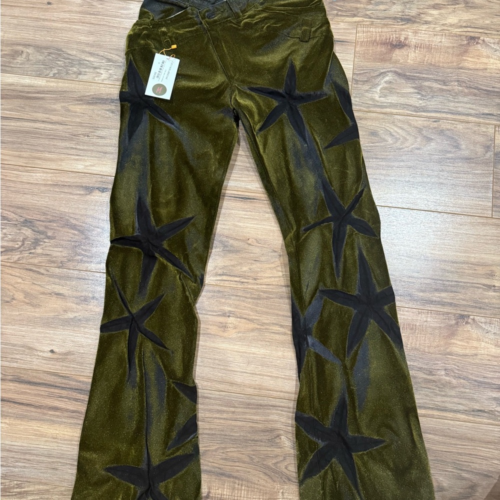 Olive Green Velvet Star Appliqué Flared Pants